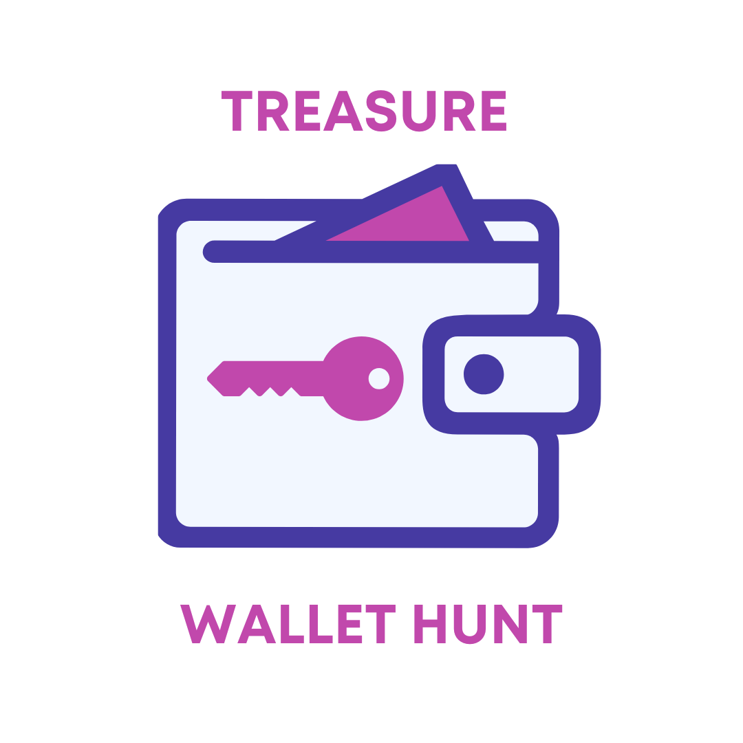 A purple and white icon with the words treasure wallet hunt.